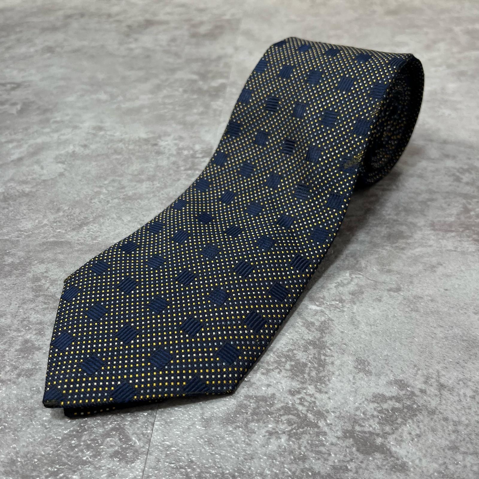 【HERMES】エルメス ドット柄×チェック柄パターンネクタイ シルク100% フランス製 メンズ ネイビー 紺色 バイカラー イエロー 黄色 ビジネス向け