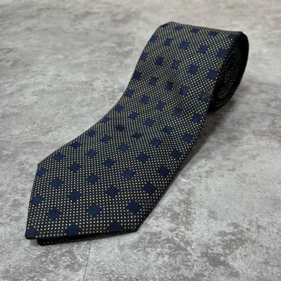 【HERMES】エルメス ドット柄×チェック柄パターンネクタイ シルク100% フランス製 メンズ ネイビー 紺色 バイカラー イエロー 黄色 ビジネス向け