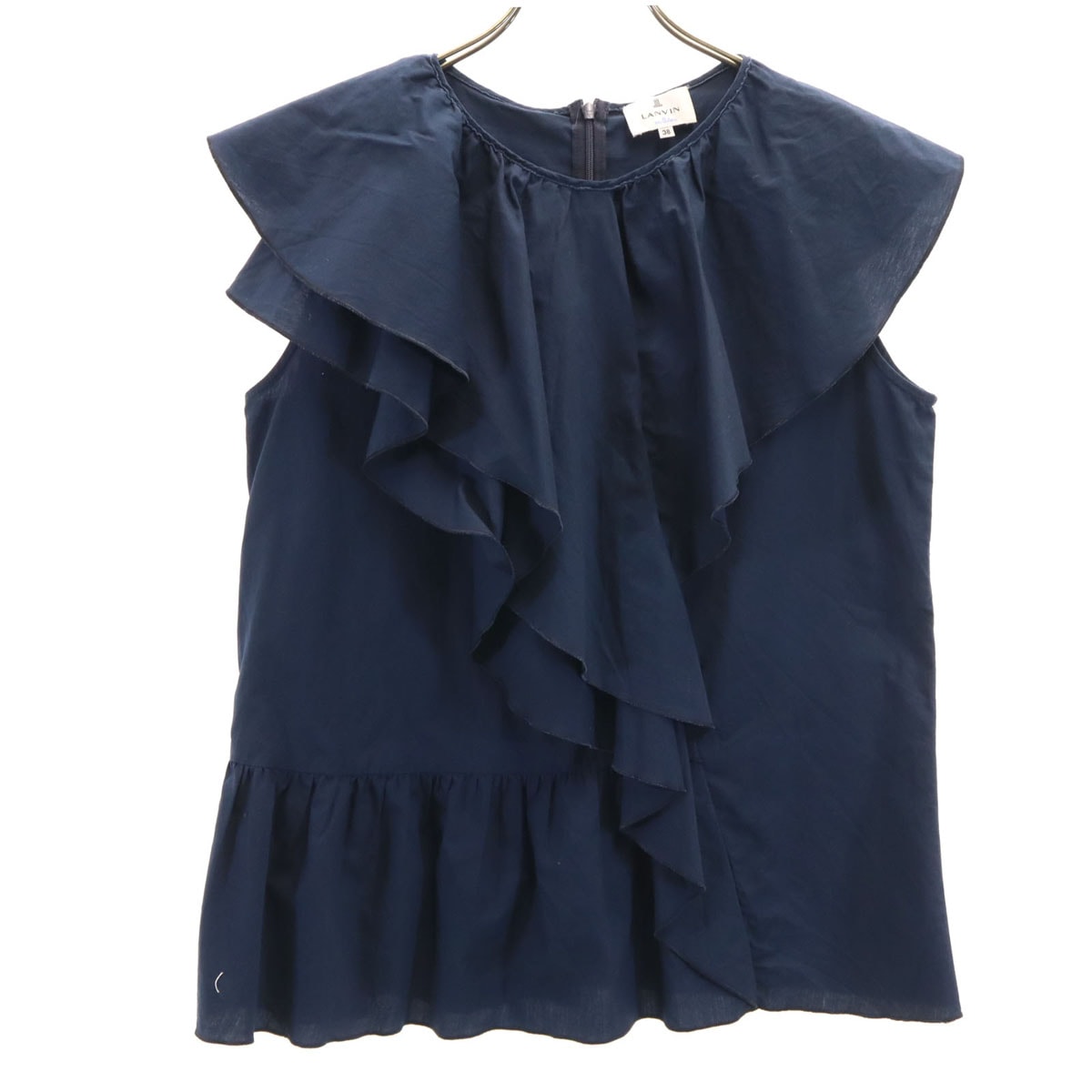 LANVIN en Bleu ランバンオンブルー 日本製 ノースリーブ フリル シャツ 38 ネイビー