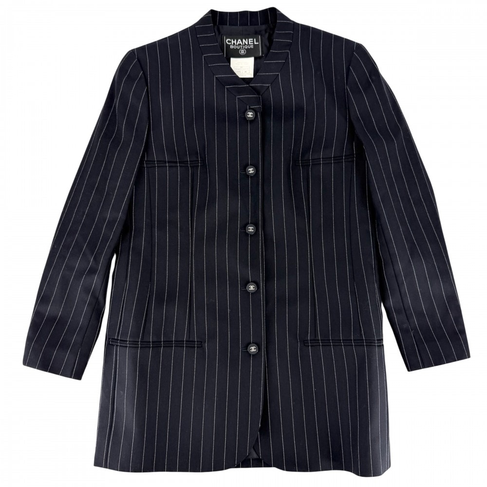 CHANEL シャネル ノーカラージャケット ココマーク ストライプ アウター アパレル 服 96P ヴィンテージ 38 ネイビー 紺 シルバー金具 ウール    レディース 春 秋 1996年【中古品】