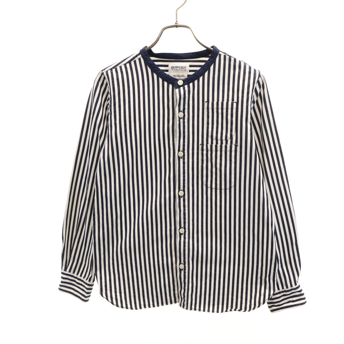 BEAMS BOY ビームスボーイ ストライプ柄 長袖 バンドカラーシャツ ネイビー系