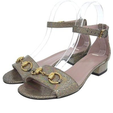 グッチ ラメ ホースビット リリアーヌ アンクルストラップ サンダル シューズ レディース シルバー系 36 36 1/2