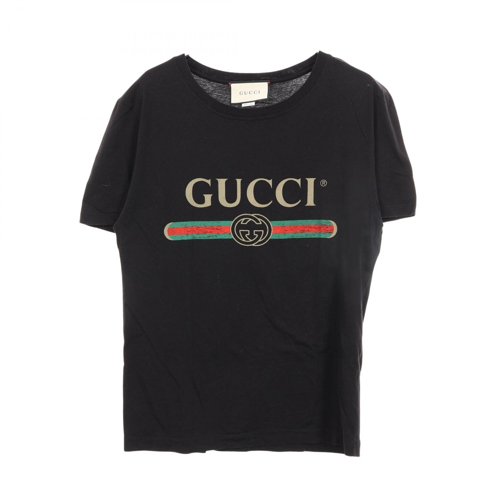 グッチ GUCCI ロゴ ウォッシュド ダメージ加工 半袖Tシャツ 衣料品 トップス コットン メンズ ブラック系 【中古】