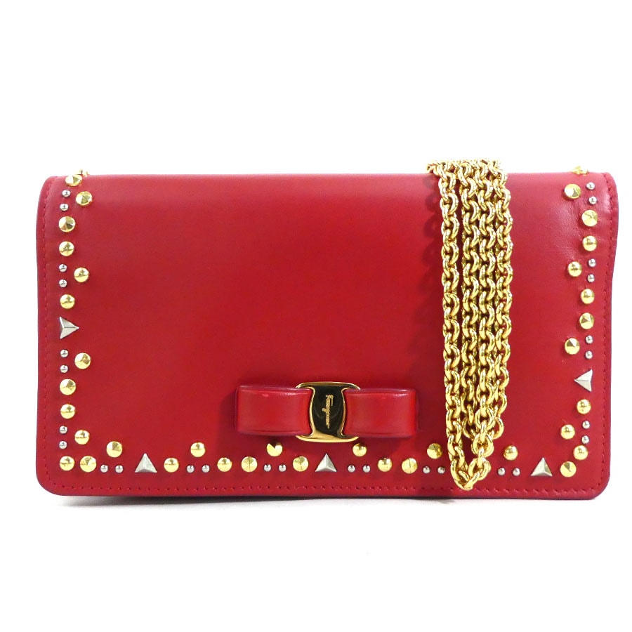 サルヴァトーレフェラガモ Salvatore Ferragamo  チェーンウォレット ヴァラリボン レザー レッド レディース【中古】 r10481a