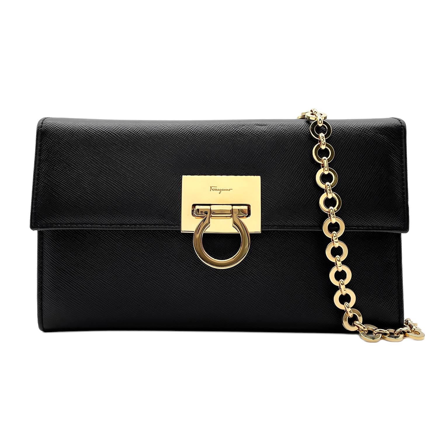 Salvatore Ferragamo サルヴァトーレフェラガモ ガンチーニ 型押し チェーン ショルダーバッグ
レザー ブラック レディース
【中古】