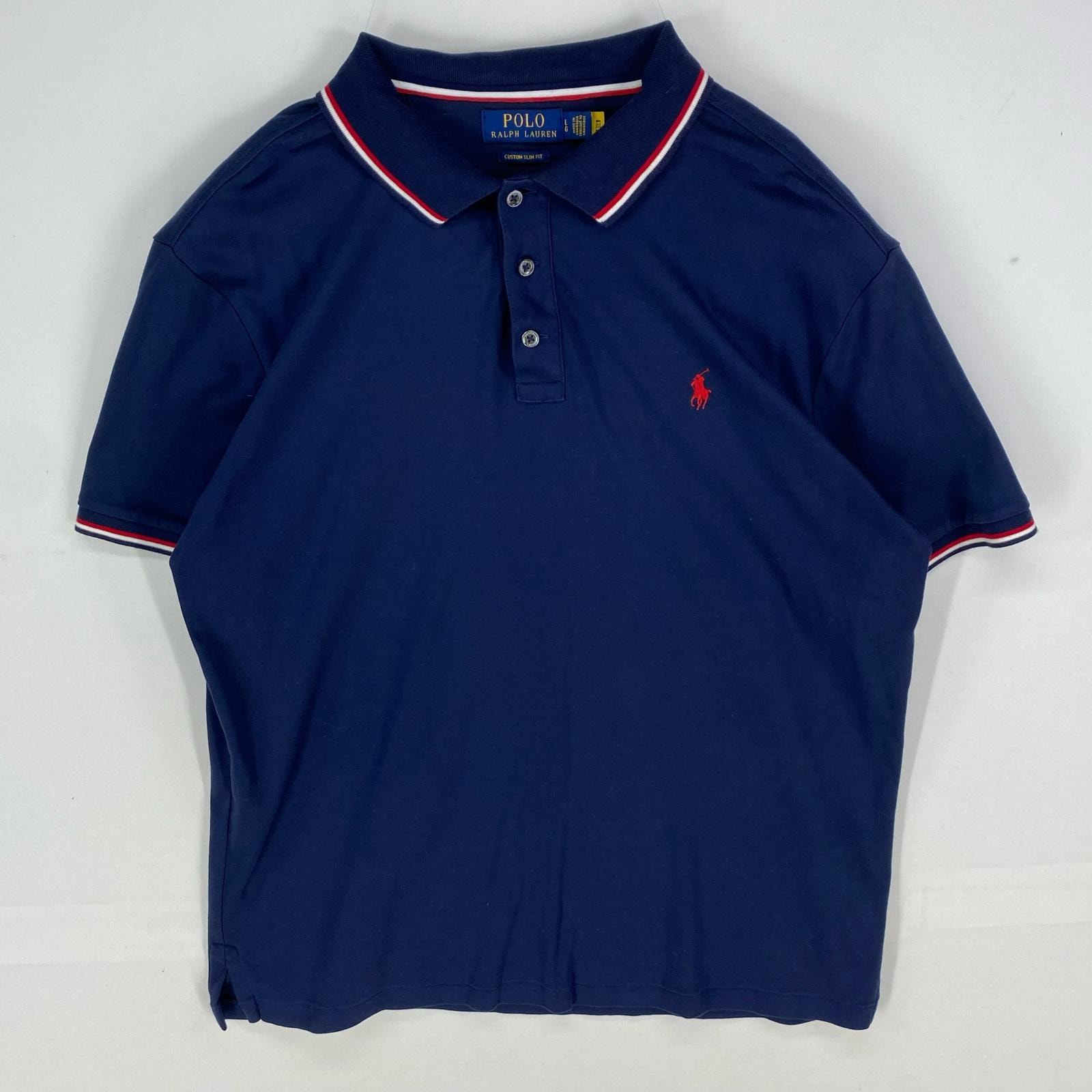古着 ポロ・ラルフローレン POLO RALPH LAUREN 半袖シャツ ワンポイント リブライン ポロシャツ L  ネイビー系 メンズ