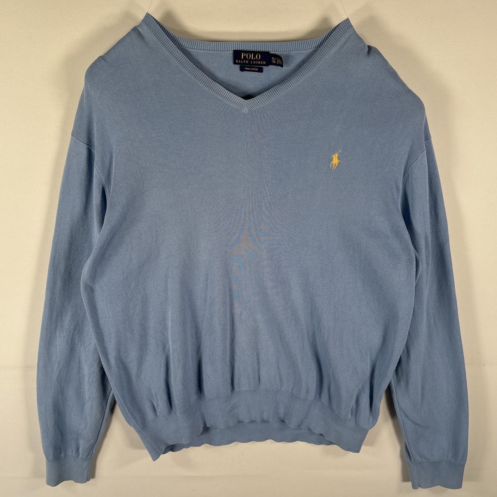 古着 ポロ・ラルフローレン POLO RALPH LAUREN セーター コットンニット Vネック ワンポイント刺繍 大きいサイズ XL  水色 メンズ