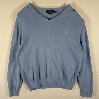 古着 ポロ・ラルフローレン POLO RALPH LAUREN セーター コットンニット Vネック ワンポイント刺繍 大きいサイズ XL 水色 メンズ