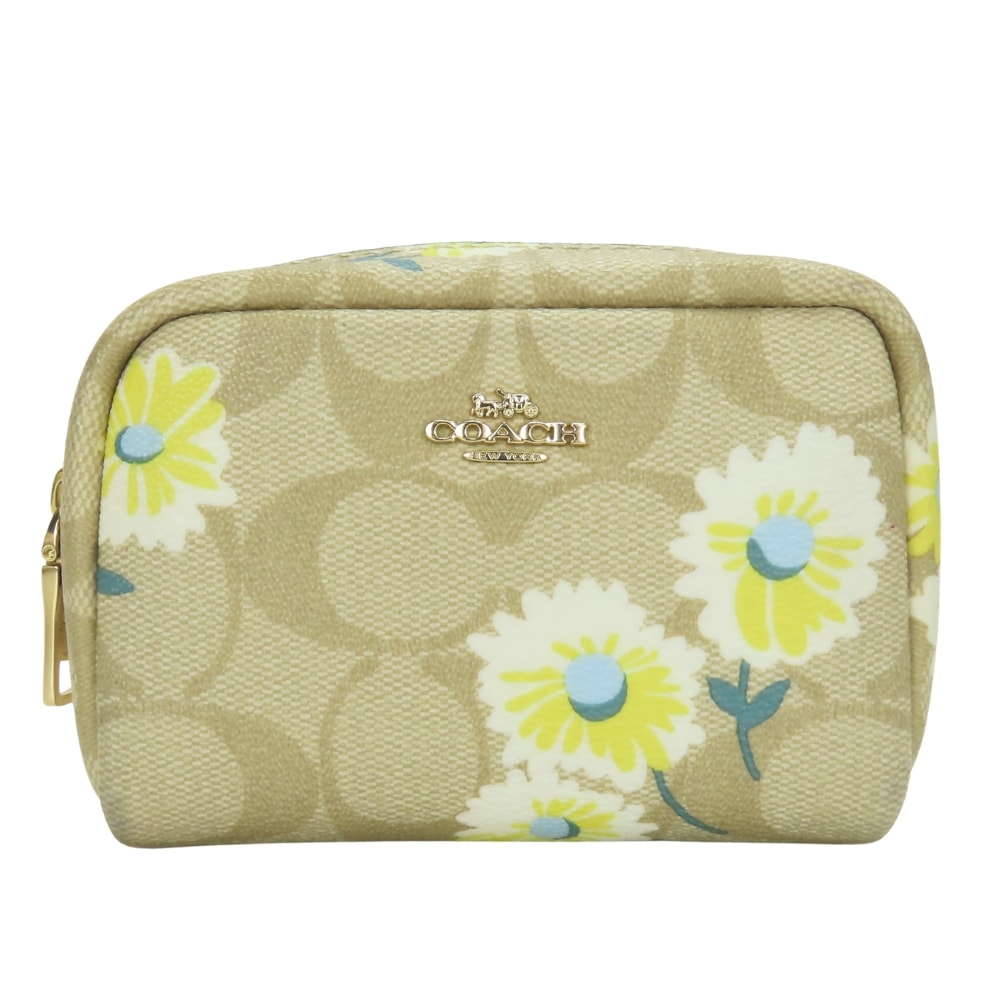 【中古】 コーチ ポーチ ミニ　ボクシー C3054 コスメティックケース シグネチャー PVC ライトカーキ ホワイト 小物入れ 化粧ポーチ デイジープリント レディース 女性 COACH