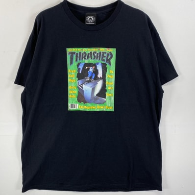 古着 スラッシャー THRASHER 半袖Tシャツ ラバープリント スケーター ブランドロゴ ブラック メンズ
