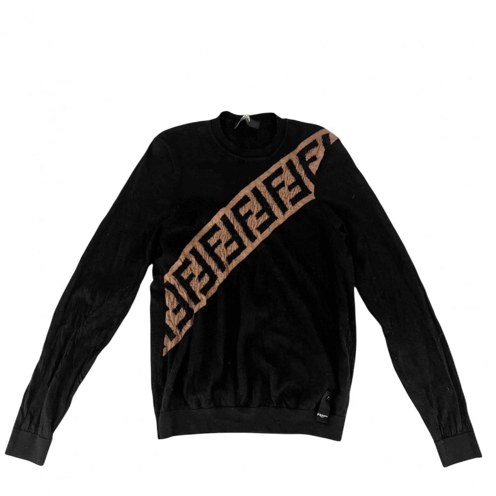 FENDI フェンディ ニット ロゴ セーター 長袖 ズッカ 服 トップス アパレル 44 FZZ426 ブラック 黒 ブラウン 茶 ウール メンズ 秋 冬【中古品】