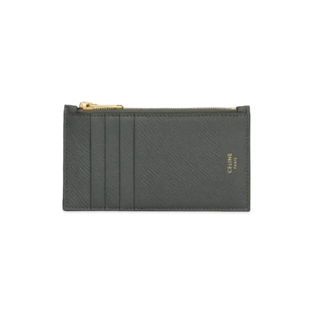 CELINE Zipped Compact Card Holder In Grained Calfskin "Grey"