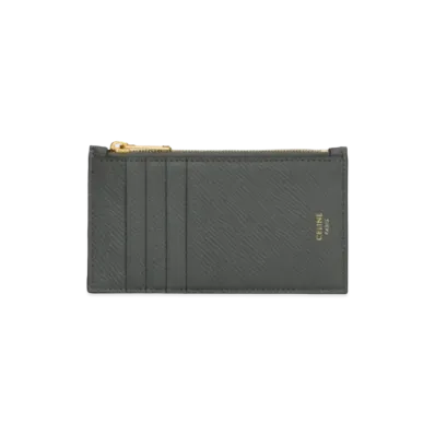 CELINE Zipped Compact Card Holder In Grained Calfskin "Grey"