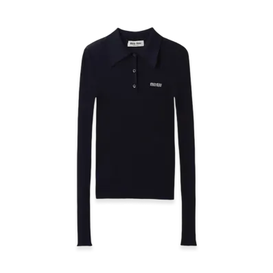 MIU MIU Women's Cashmere and Silk Knit Polo Shirt "Navy"