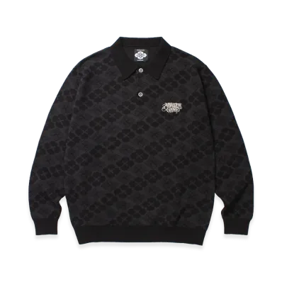 APHRODITEGANG GAKKIN x BUDSPOOL Hanabatsu Kamon Jacquard Knit Polo Shirt "Black"