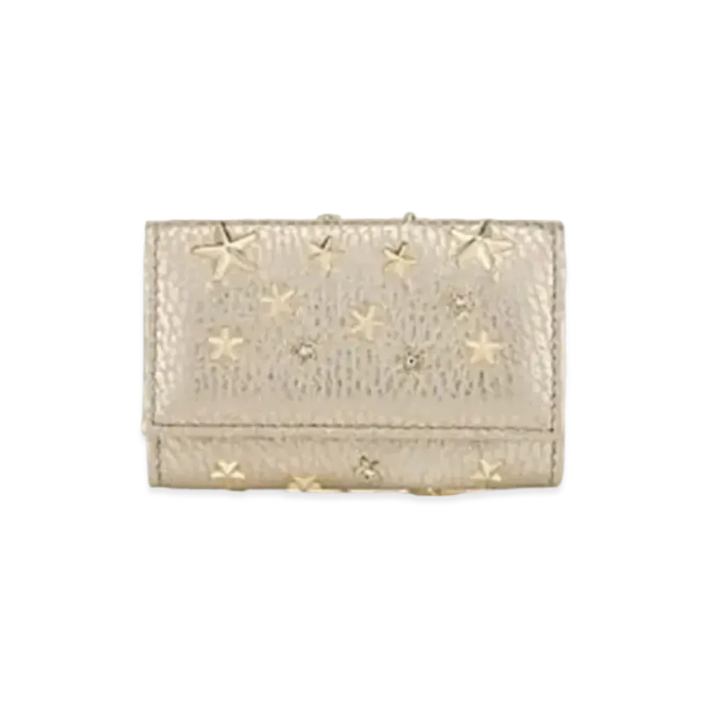 Jimmy Choo Neptune Washed Metallic Deerskin Zip Around Wallet With Crystal Star Studs "Light Gold"