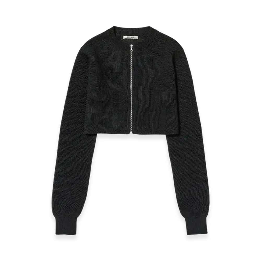 AURALEE Flat Yarn Rib Knit Crew Neck Zip Cardigan "Black"