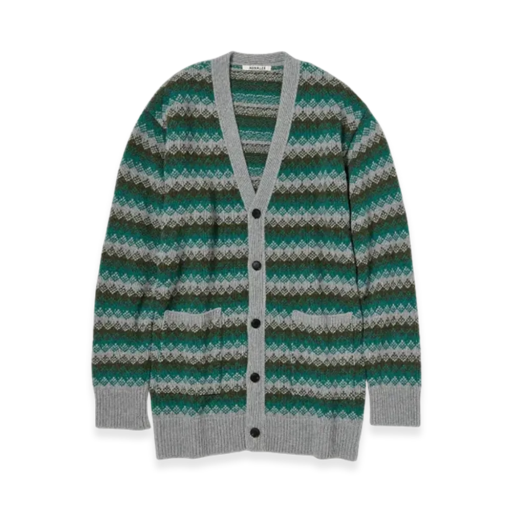 AURALEE Cashmere Jacquard Knit Long Cardigan "Grey Green"