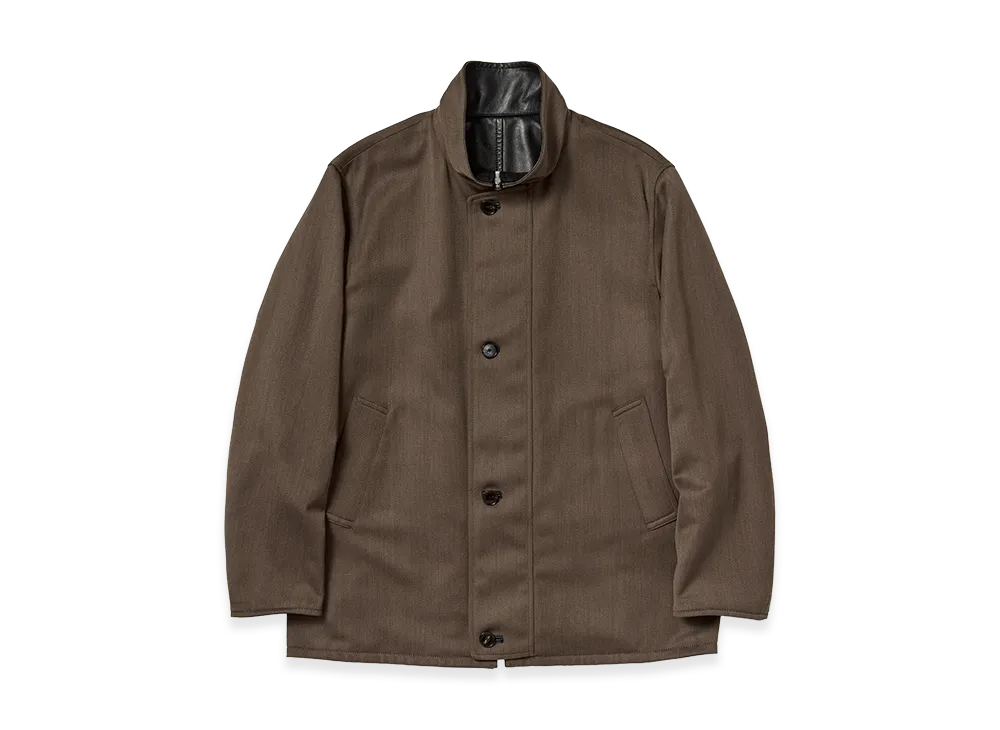 AURALEE Reversible Wool Twisted Twill / Sheep Leather Half Coat "Brown Chambray/Black"