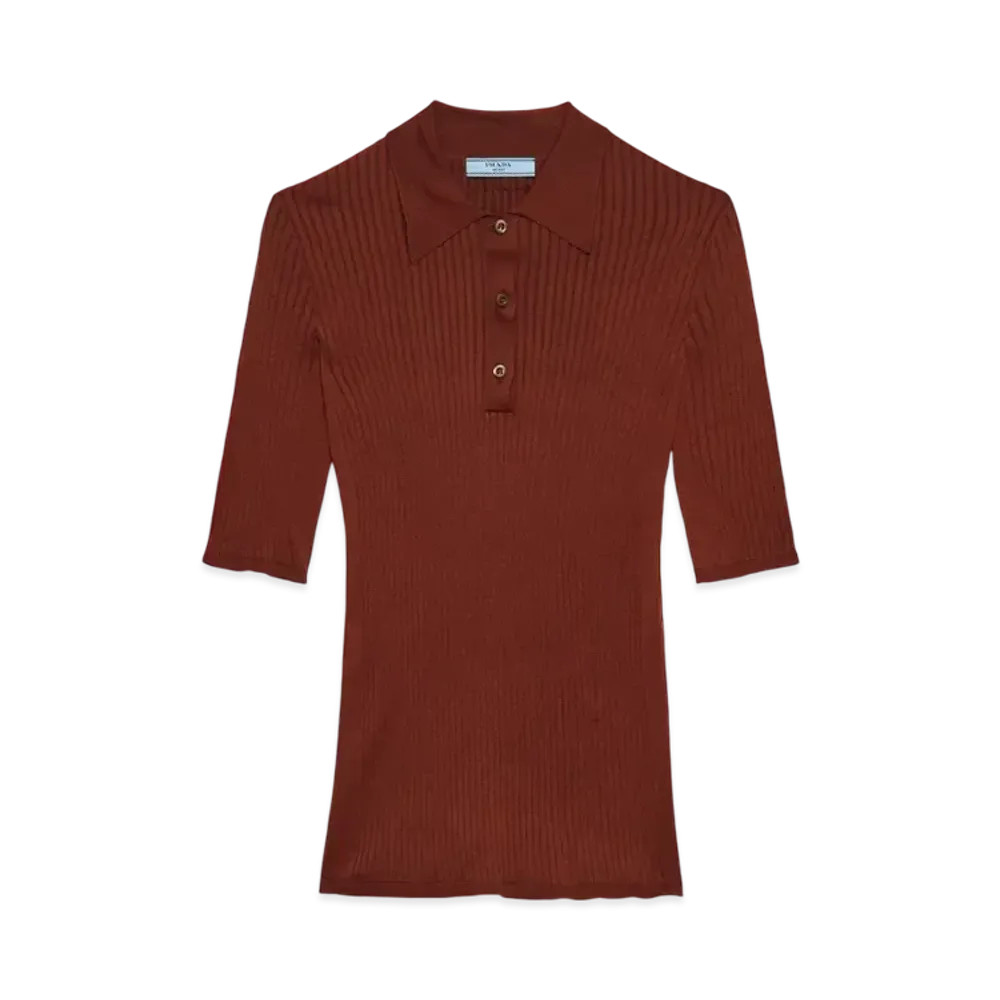 PRADA Women's Cotton Polo Sweater "Copper Brown"