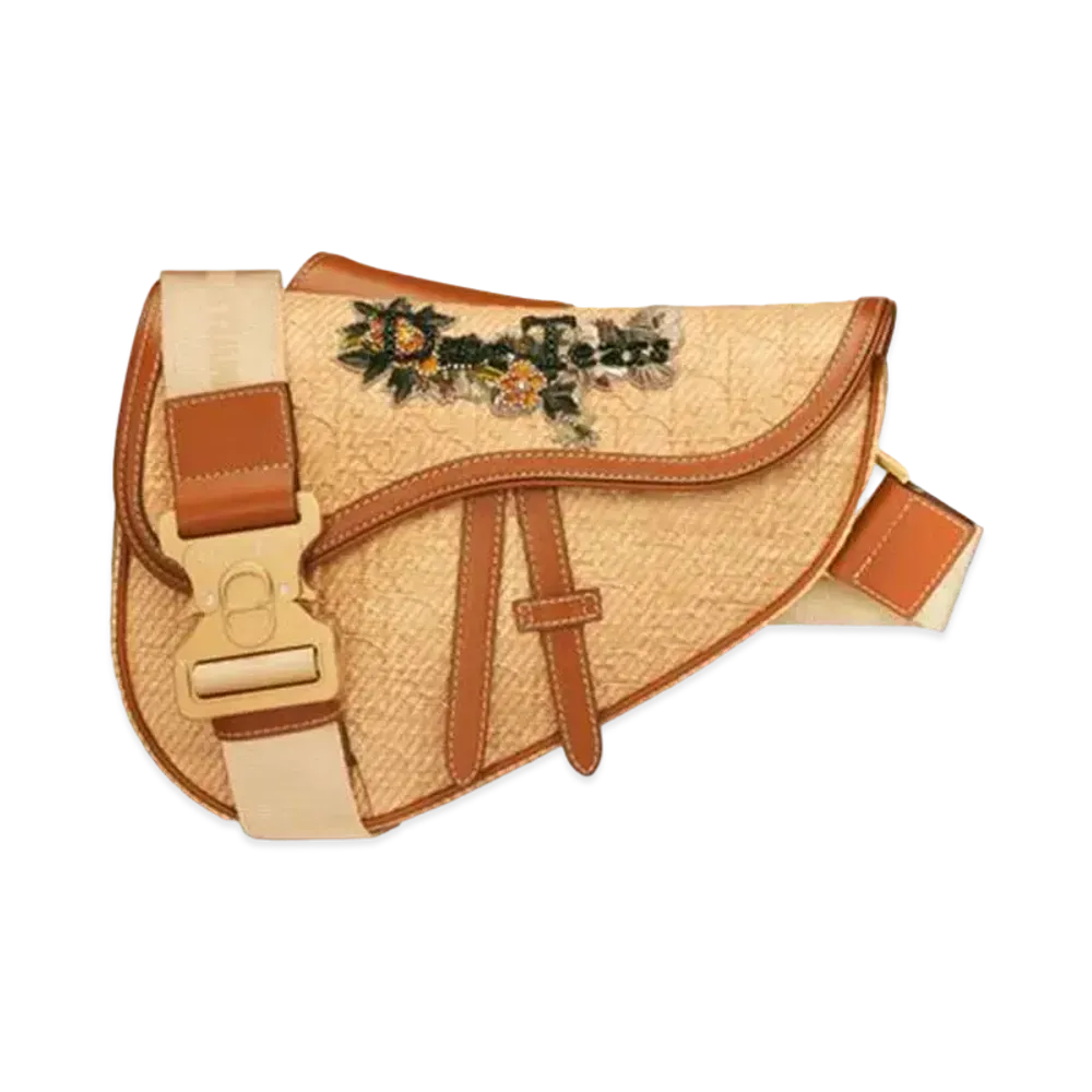 Dior Tears Saddle Bag Dior Oblique Canvas With Raffia Effect and Embroidered Signature Patch "Cognac Brown"