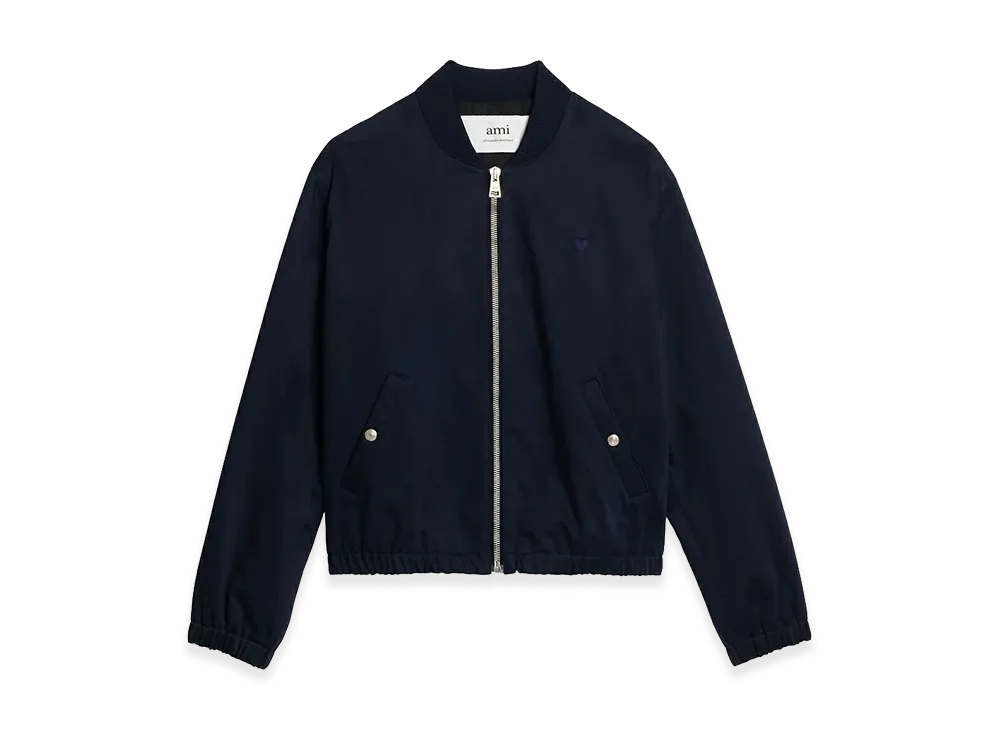AMI PARIS Cotton Satin Zip-Up Bomber Jacket "Navy"