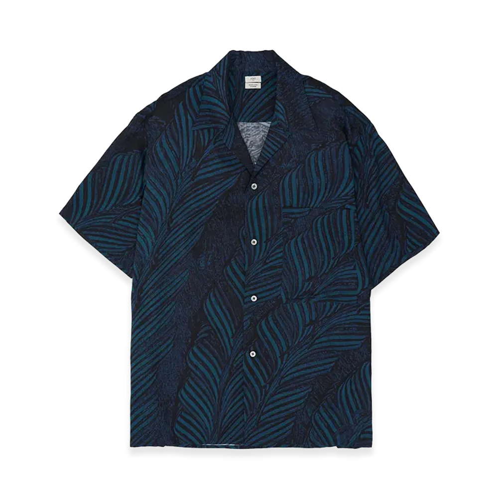 YOKE Leaf Pattern Printed Rayon Open Collar Shirt "Navy"