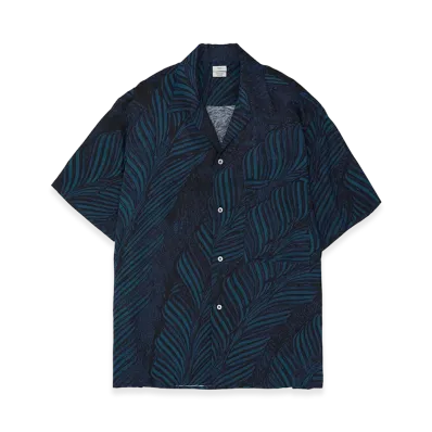 YOKE Leaf Pattern Printed Rayon Open Collar Shirt "Navy"