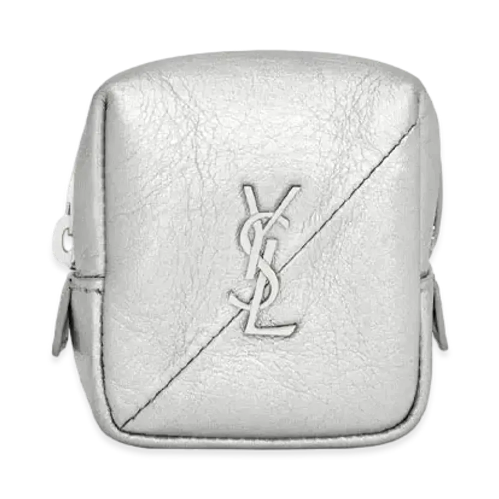 SAINT LAURENT Jamie Cube Charm In Crinkled Lame Leather "Silver"