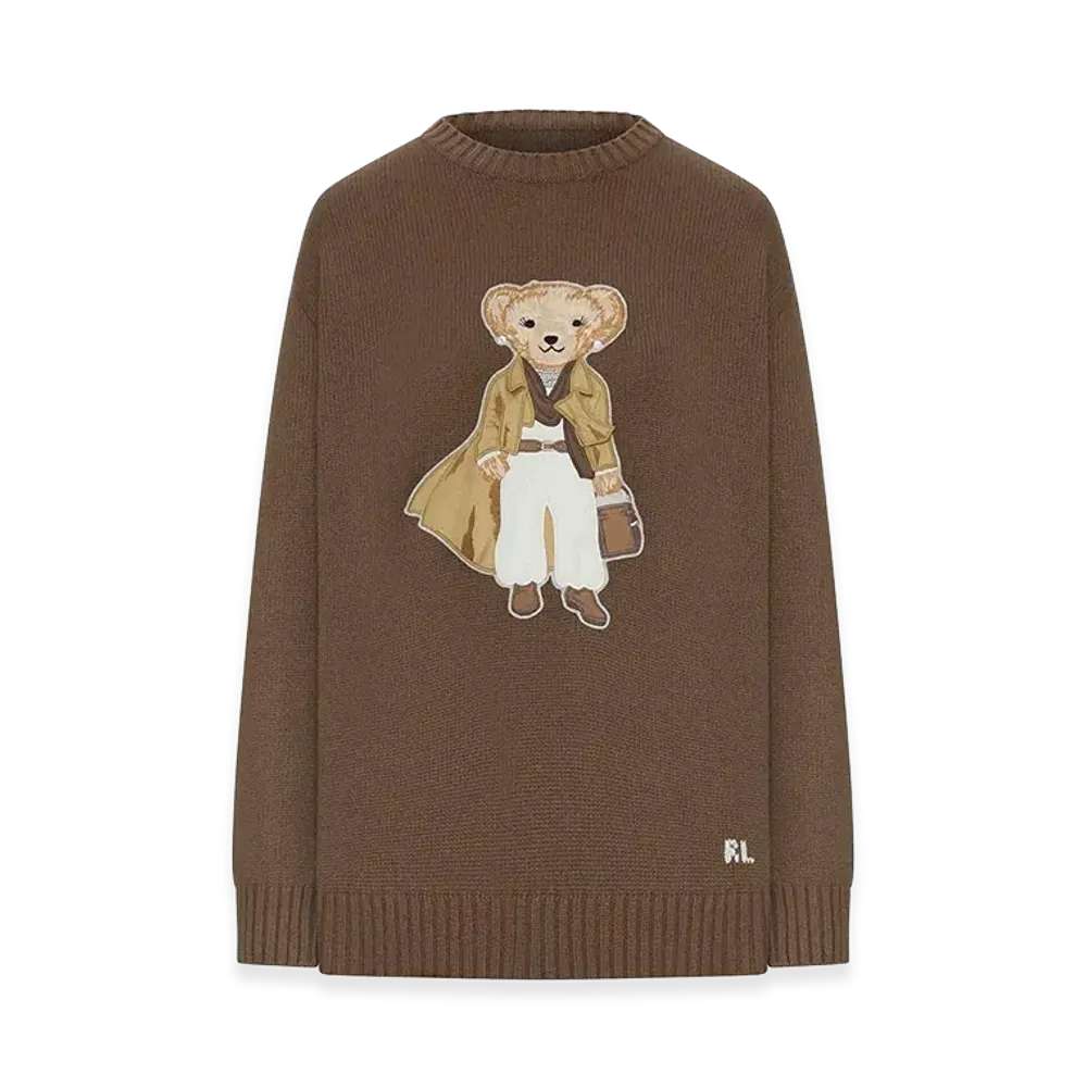 Polo Ralph Lauren Women's Ribbed Cashmere Pullover With Teddy Applique "Nude/Neutrals"