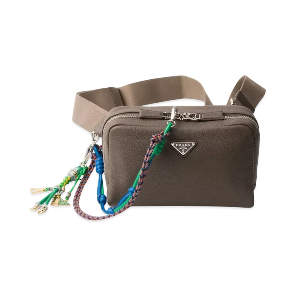 PRADA Leather Shoulder Bag with Charm "Gray Brown"