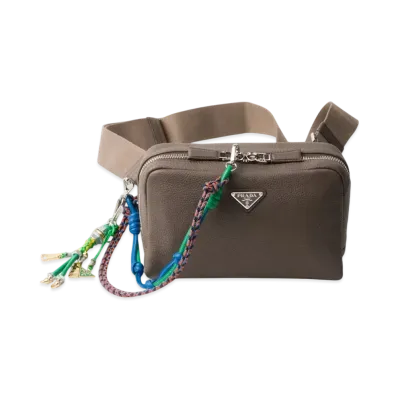 PRADA Leather Shoulder Bag with Charm "Gray Brown"
