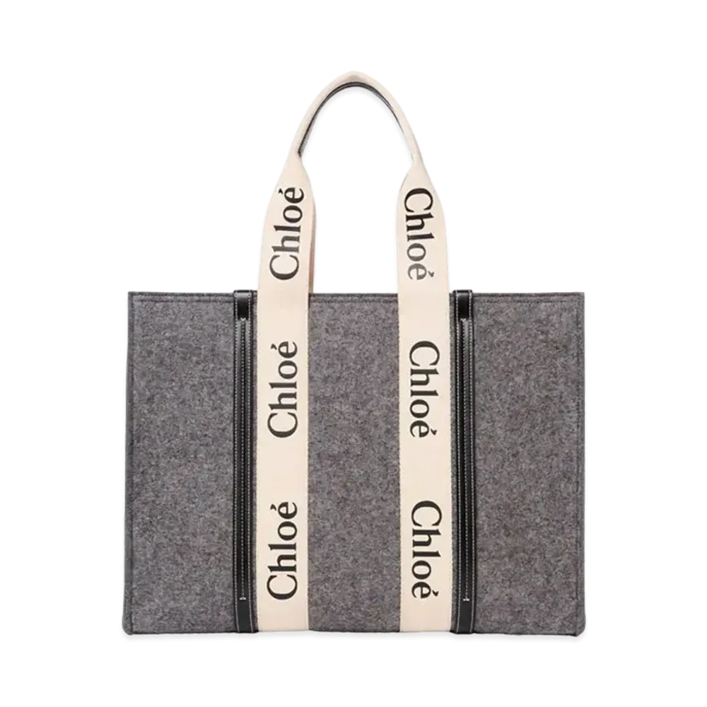 Chloe Large Woody Tote Bag In Recycled Felt & Shiny Calfskin With Woody Ribbon "Grey"