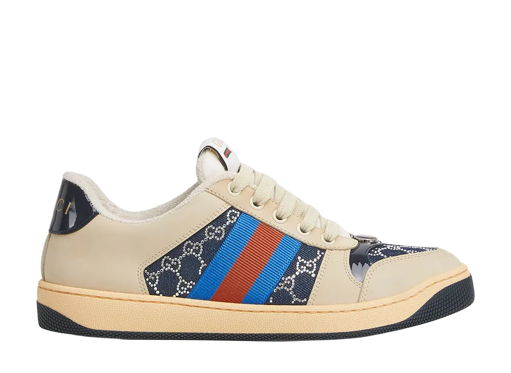 GUCCI Women's Screener GG Crystal Sneaker "Beige/Dark Blue"