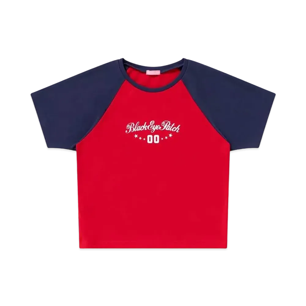 BlackEyePatch Sporty Script Raglan Baby Tee "Red"