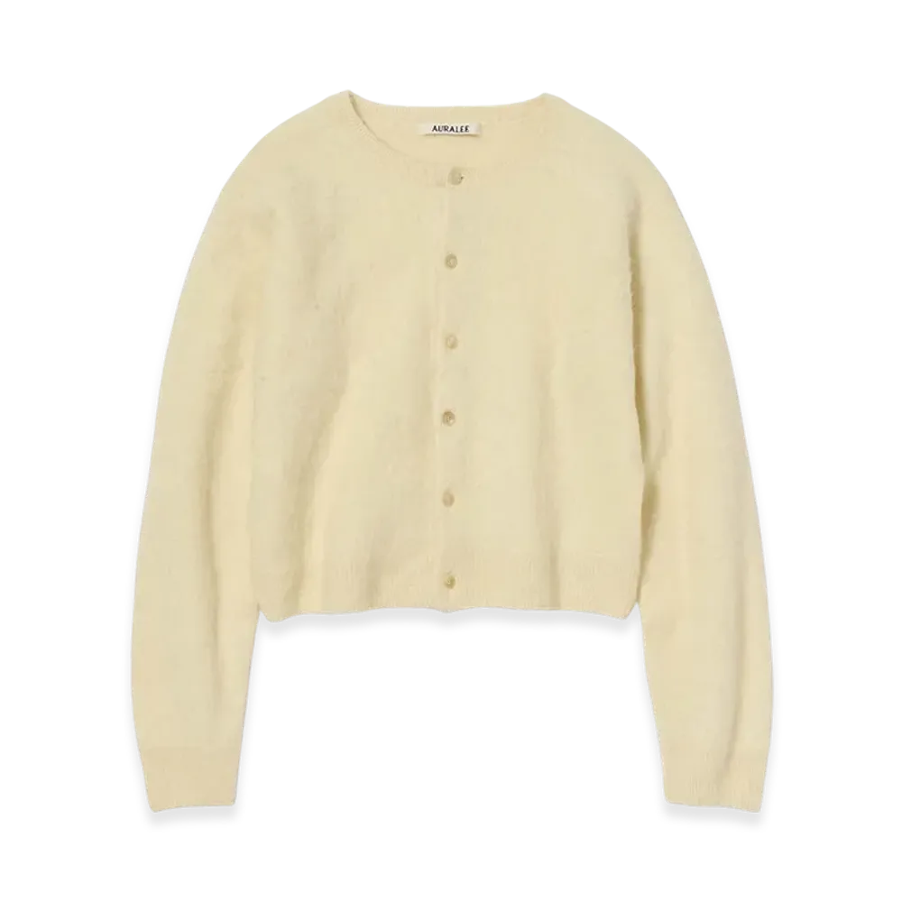 AURALEE Garment-Dyed Baby Alpaca Fur Knit Crew-Neck Cardigan "Ecru"
