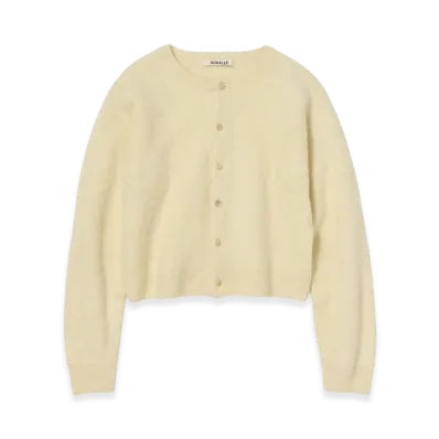 AURALEE Garment-Dyed Baby Alpaca Fur Knit Crew-Neck Cardigan "Ecru"