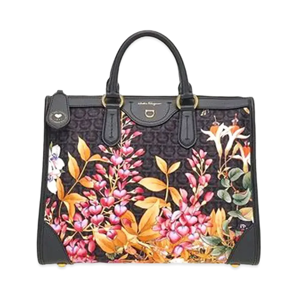 Salvatore Ferragamo Giardino Print Handbag (M)- Econyl Nylon "Black"