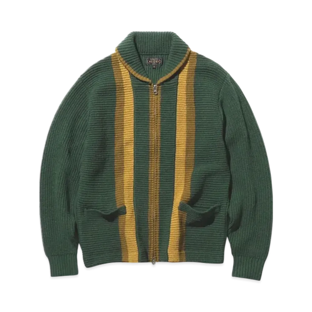 BEAMS Full Zip Shawl Collar Knit "Green"