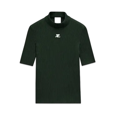 Courreges Reedition Short Sleeves Rib Knit Sweater "Dark Green"