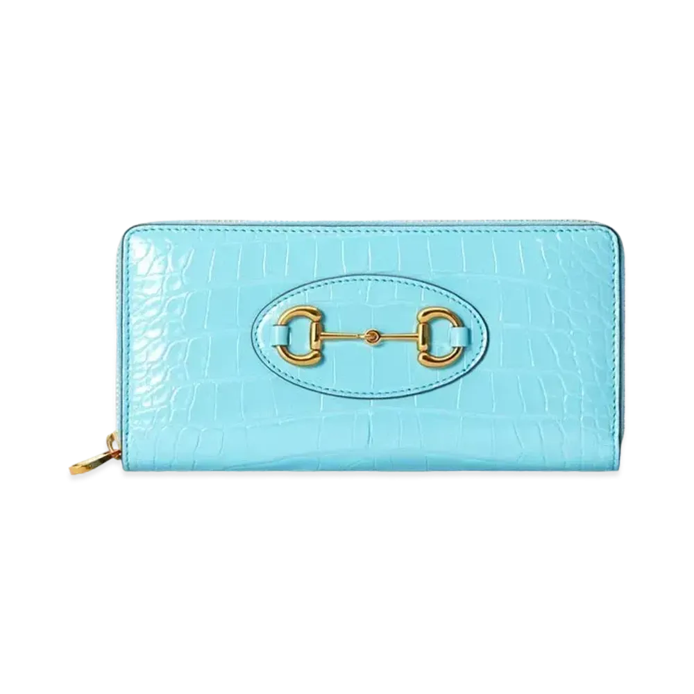GUCCI Horsebit 1955 Crocodile Zip Around Wallet "Light Blue"