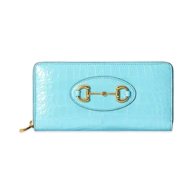 GUCCI Horsebit 1955 Crocodile Zip Around Wallet "Light Blue"