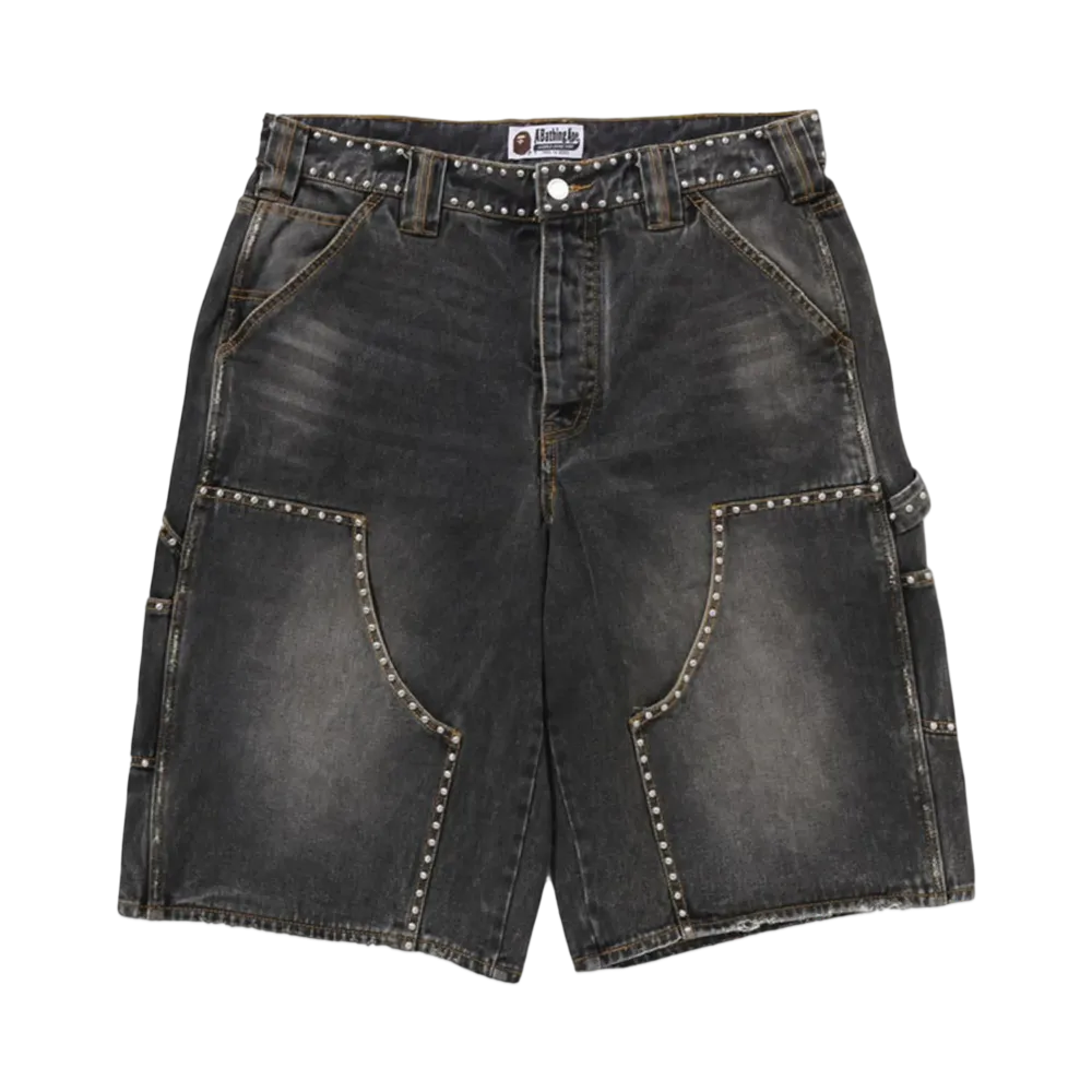 A BATHING APE Studded Heavy Wash Relaxed Fit 13Oz Denim Shorts "Black"