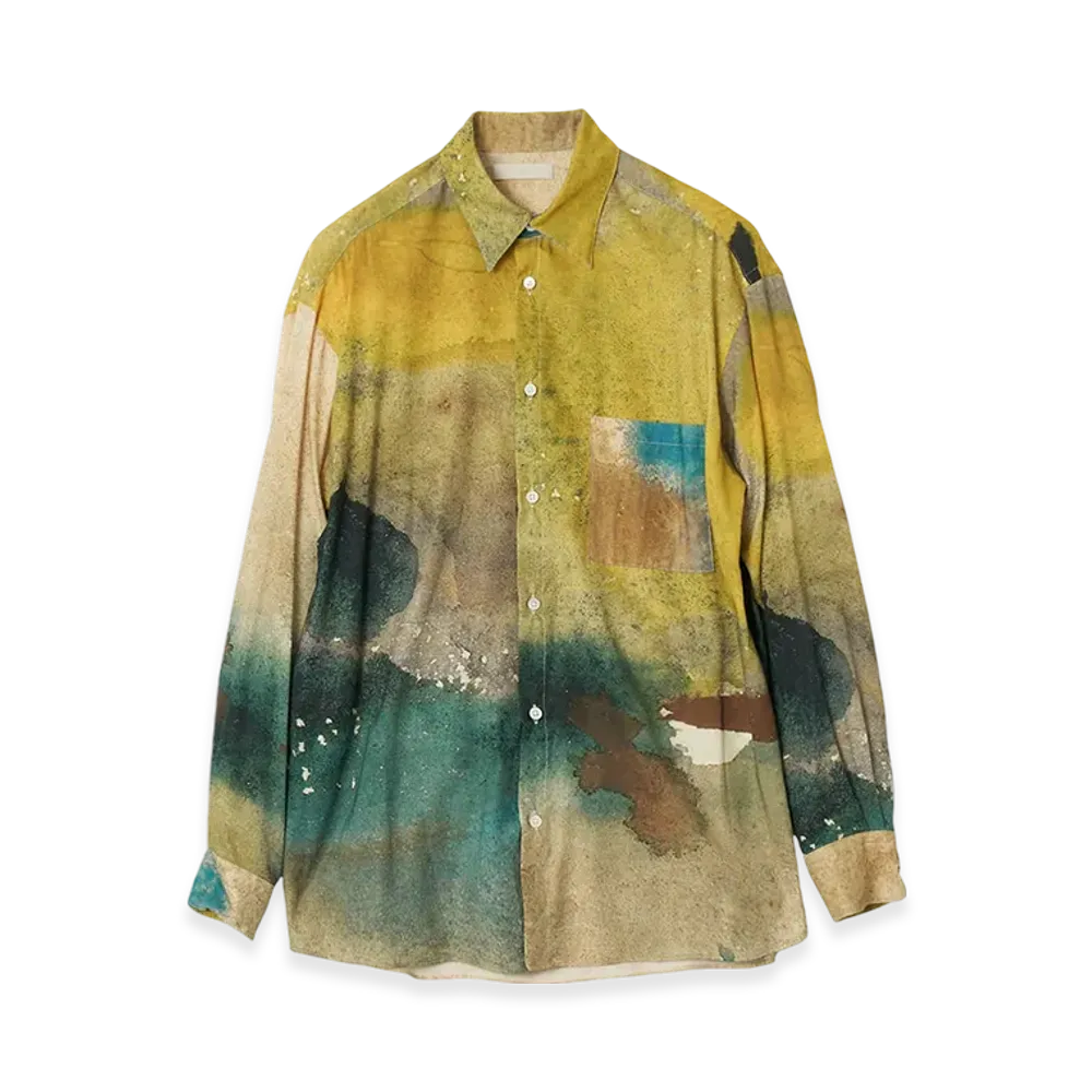 YOKE Landscape Printed Cotton Silk Rayon Twill Regular Collar Shirt "Yellow"