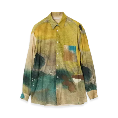 YOKE Landscape Printed Cotton Silk Rayon Twill Regular Collar Shirt "Yellow"