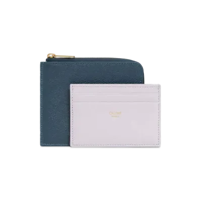 CELINE Zipped Purse with Removable Card Holder in Grained Calfskin and Smooth Lambskin "Ocean Blue/Lavender Gray"