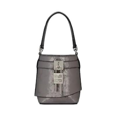 GIVENCHY Micro Shark Lock Bucket Bag In Laminated Leather "Silver Grey"