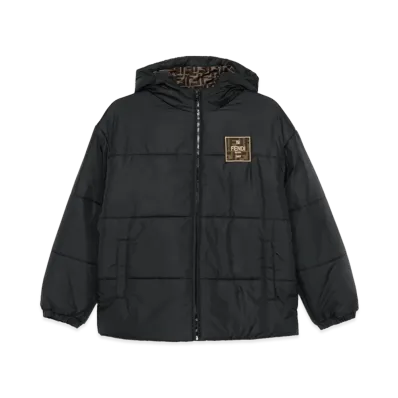 FENDI Kids Down Jacket With Logo Hood And Logo Patch "Black"