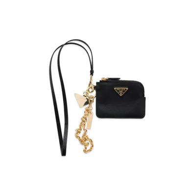 PRADA Saffiano Leather Card Case with Shoulder Strap "Black"
