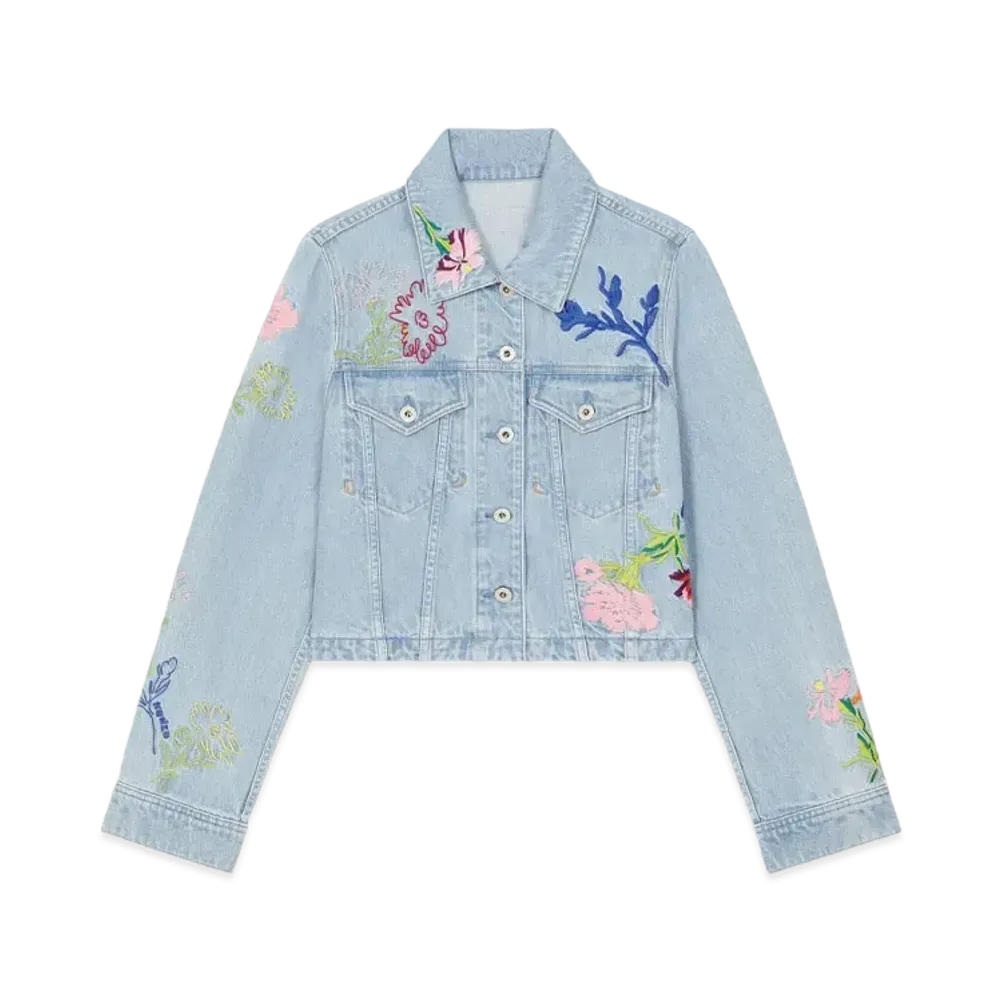 KENZO 'DRAWN FLOWERS' Embroidery Trucker Jacket "Stone Bleached Blue Denim"